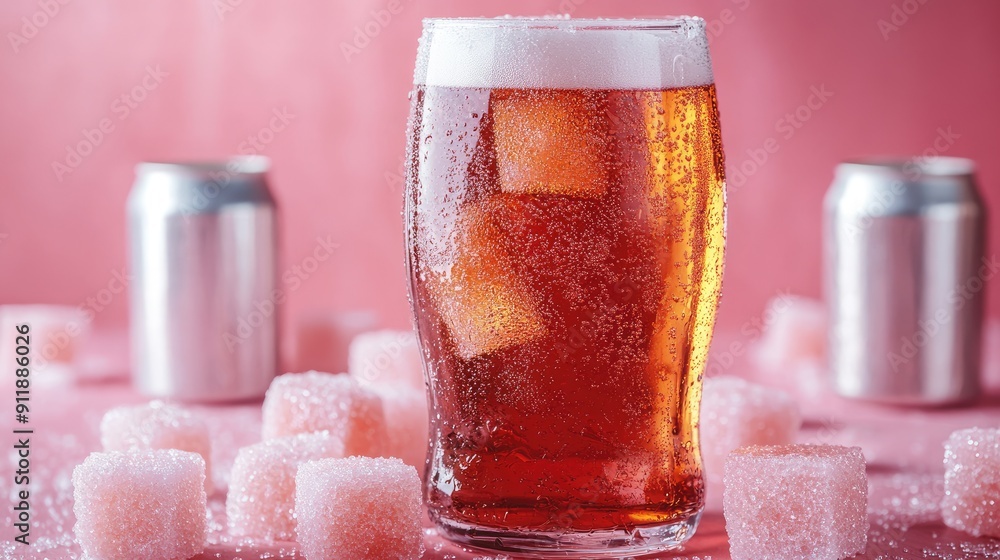 Poster a glass of beer with ice cubes in it is on a table with pink sugar cubes. the image conveys a relaxe