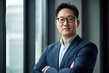 Fototapeta premium Modern scene of an Asian executive, confidently leading a team meeting, with sunlight filtering through sleek office interiors