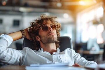 A relaxed professional leans back in a chair, wearing sunglasses, in a modern office with warm lighting..