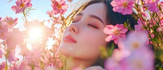 Naklejka premium Modern scene of an Asian couple, enjoying a romantic picnic in a meadow, their full bodies visible with sunlight filtering through the surrounding flowers