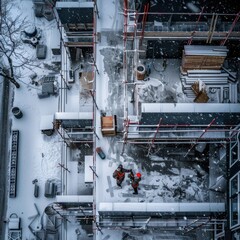 Workers in Red Helmets Overseeing Construction Progress on a Snowy Winter Day