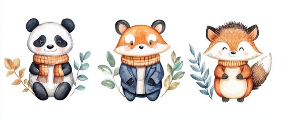 Fototapeta premium Set of watercolor illustrations featuring a variety of cute animals like a panda