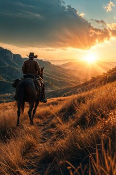 A cowboy riding his horse through a golden field at sunset, with mountains in the distance and dramatic skies..