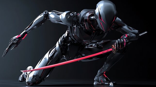 Futuristic robot warrior poised with a sword, showcasing sleek design and advanced technology in a dark environment.