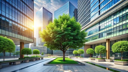 Lush green tree thriving in urban oasis, surrounded by sleek modern architecture, providing ample copy space for textual overlays or design elements.