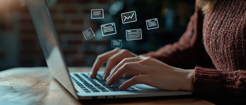 Supernatural scene of a businesswoman typing on her laptop in a cozy cafe