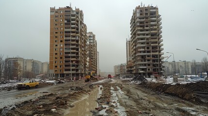 Construction of Residential Complex Amidst Muddy Conditions in Urban Area During Overcast Weather