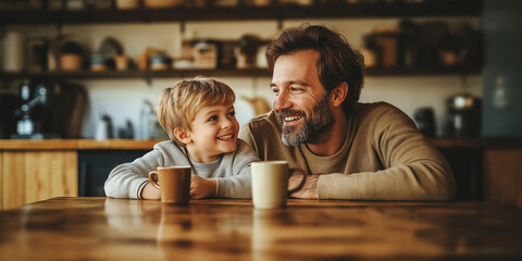 Dad and Son Bonding. A heartwarming scene of a father and son sharing a moment of joy and connection over a cup of coffee at the kitchen table.