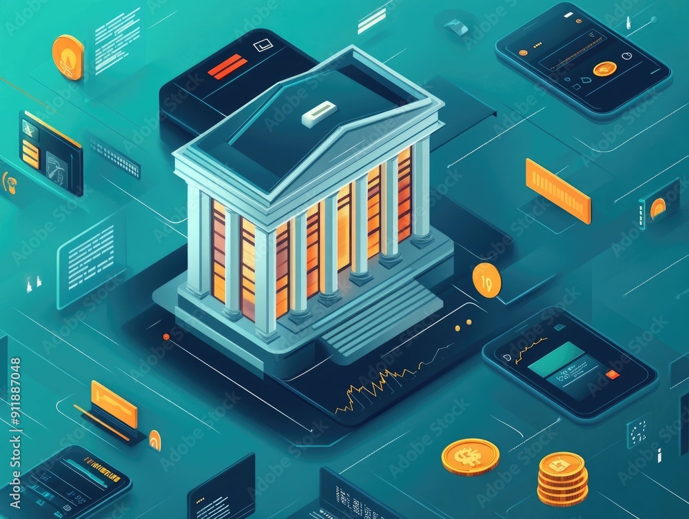 Poster isometric of a modern mobile banking app interface with financial data visualization including accou