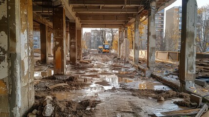 Construction Project Underway in Urban Area With Machinery Amidst Debris and Wet Ground