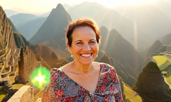 Lifestyle portrait video of a grinning woman in her 40s that is wearing a foulard at the Machu Picchu in Cusco Region Peru