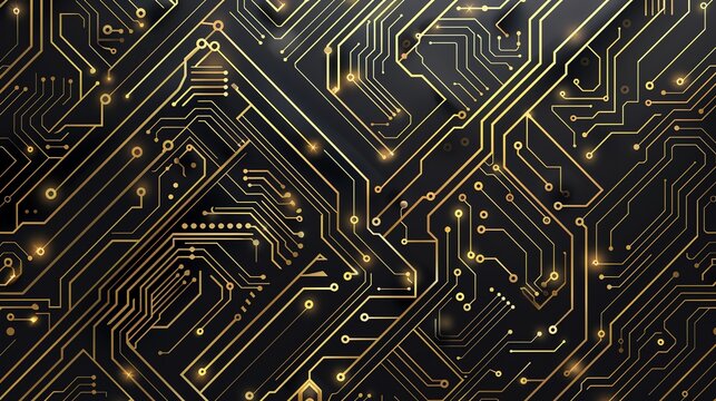 Gold circuit board technology background with glowing nodes.