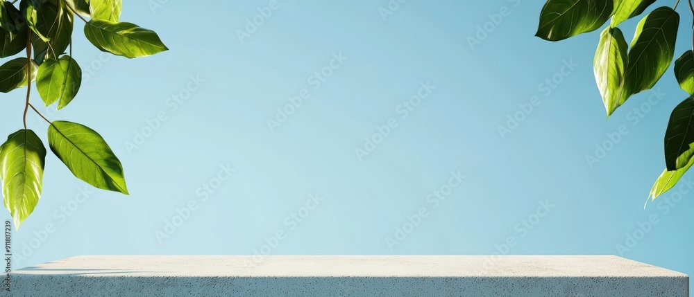 Poster under sunlight filtering through, a minimal empty naturethemed platform for product presentation