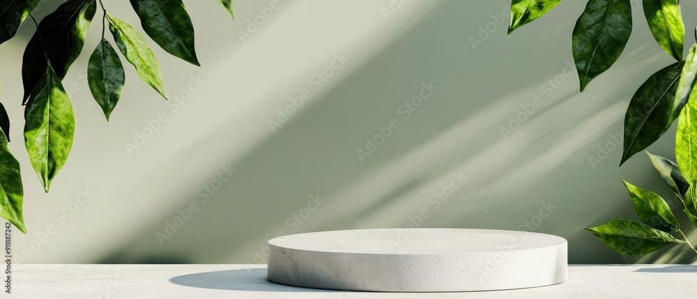 Poster under sunlight filtering through, a minimal empty naturethemed platform for product presentation