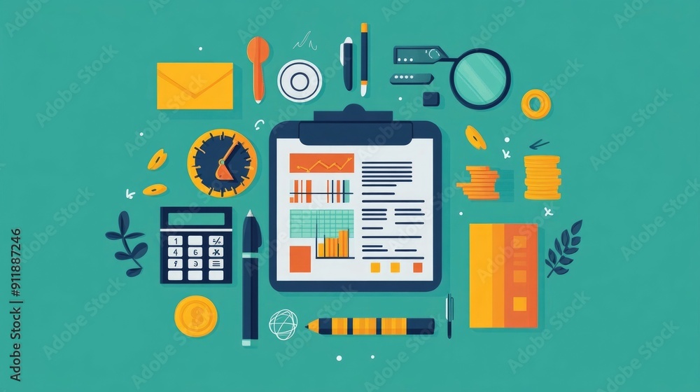 Poster flat design of various financial planning and budget management tools including charts graphs docume