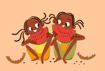 Two girls eating watermelon 