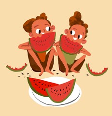 Two boys  eating watermelon 