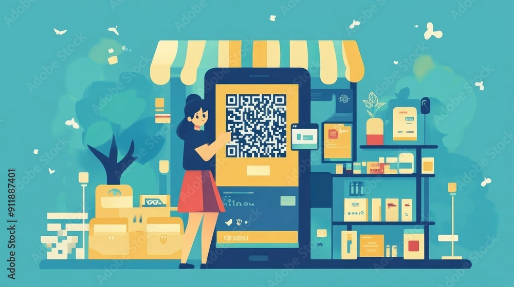 Poster flat design of a mobile wallet application with qr code scanning feature representing the convenienc