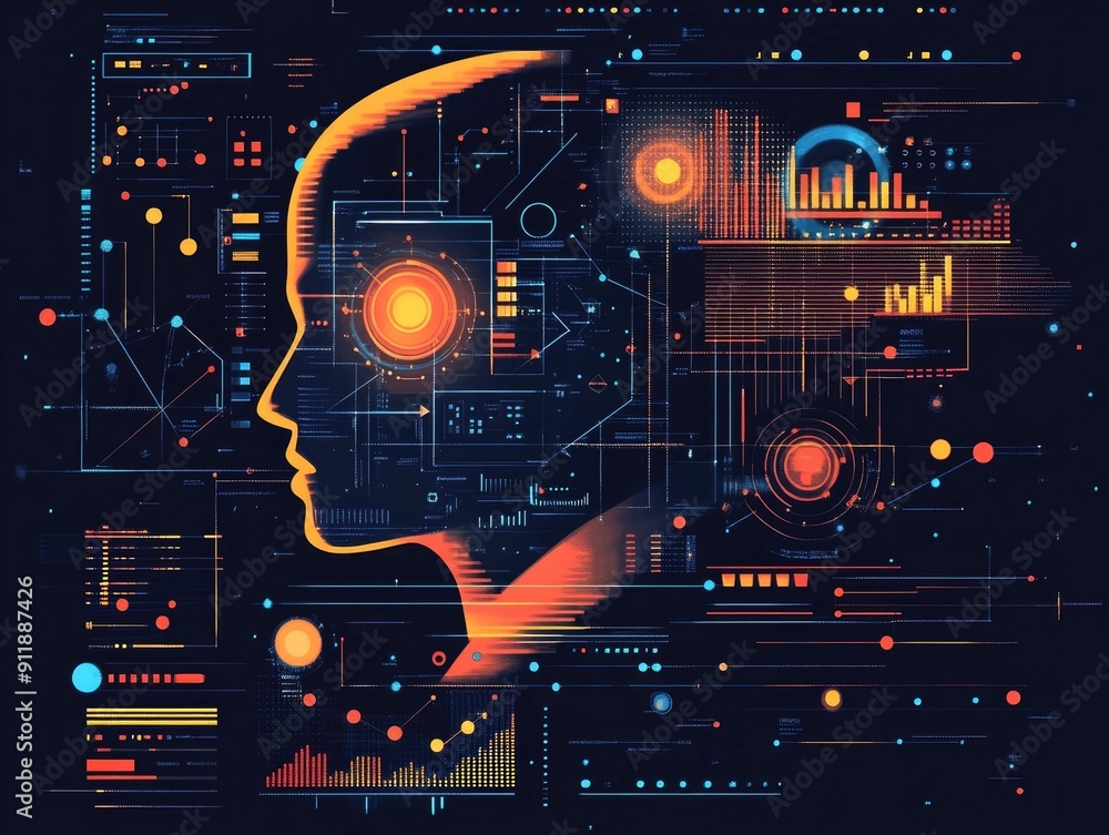 Poster futuristic digital interface showcasing predictive analytics financial data visualization and advanc