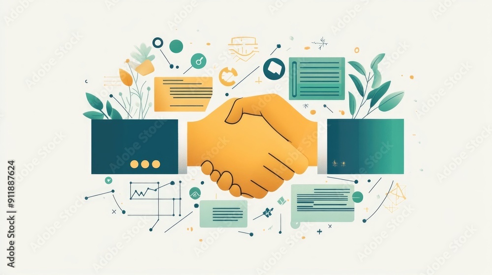 Poster this flat design depicts a handshake symbolizing the concept of smart contracts and automated agreem