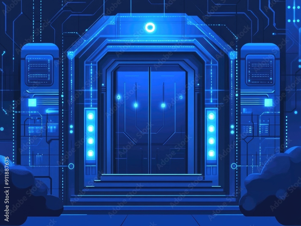Poster futuristic depicting a secure digital gateway for fintech data protection featuring a glowing blue a