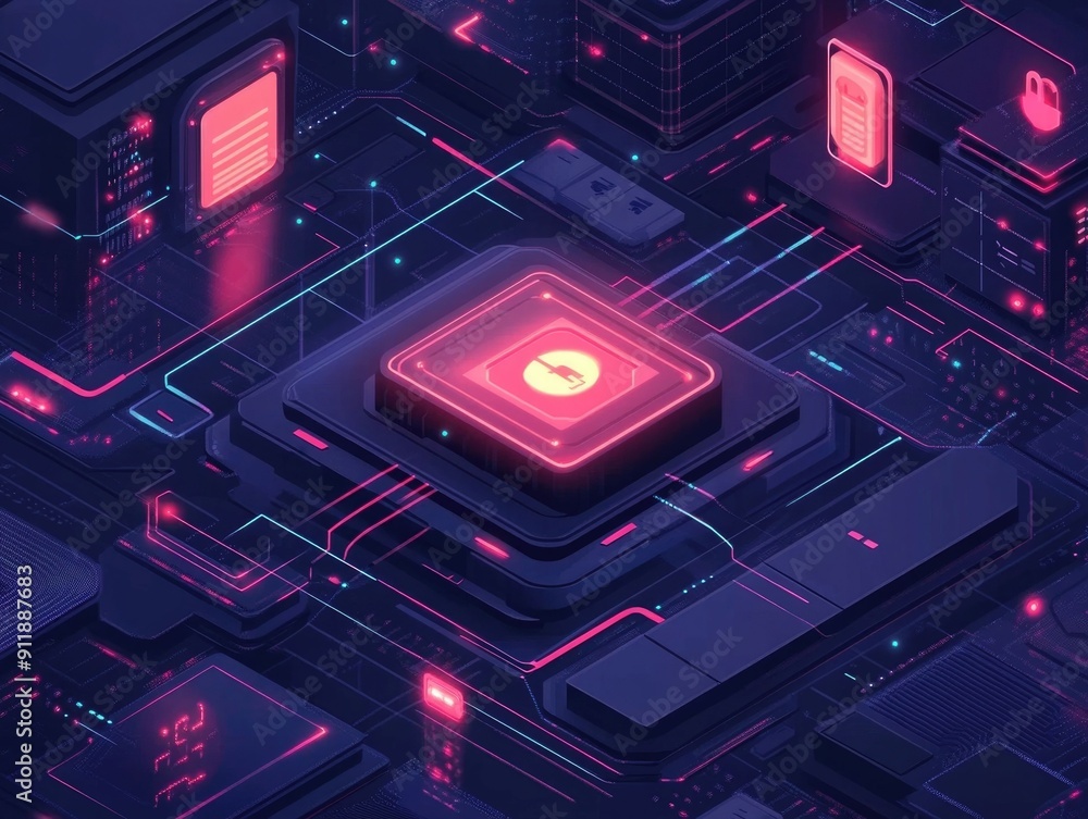 Poster futuristic of a cybersecurity landscape in the fintech industry featuring data protection digital in
