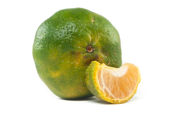 Ripe green mandarin isolated with inner fruit on white background