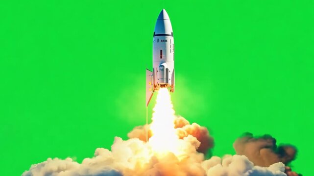 The rocket is taking off with great power, and the video is recorded against a green background.