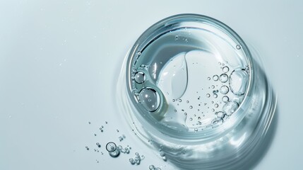 Fototapeta premium Transparent liquid gel or serum with bubbles in glass petri dish on blue background is a concept for cosmetics, science and healthcare