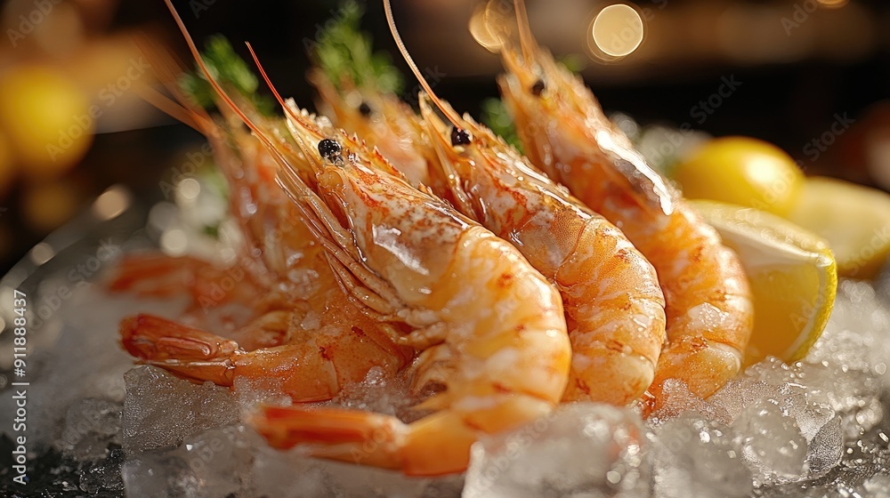 Poster three shrimp are sitting on a plate with a lemon wedge. the shrimp are arranged in a way that they a