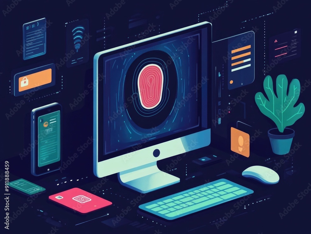 Poster biometric authentication and secure login interface design depicting a modern minimalist desktop com