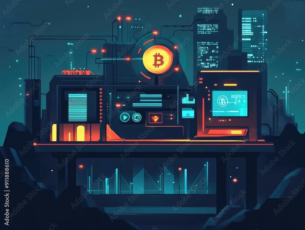 Poster futuristic depicting the concept of cryptocurrency mining and blockchain technology the image showca
