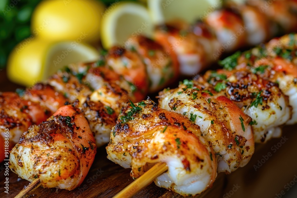 Poster a plate of shrimp skewers with lemon wedges on the side. the skewers are cooked and seasoned with he