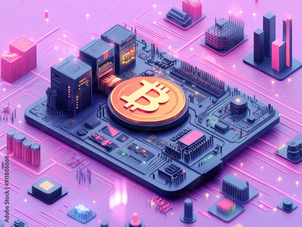 Poster detailed isometric of cryptocurrency mining and blockchain technology showcased in a vibrant neon co