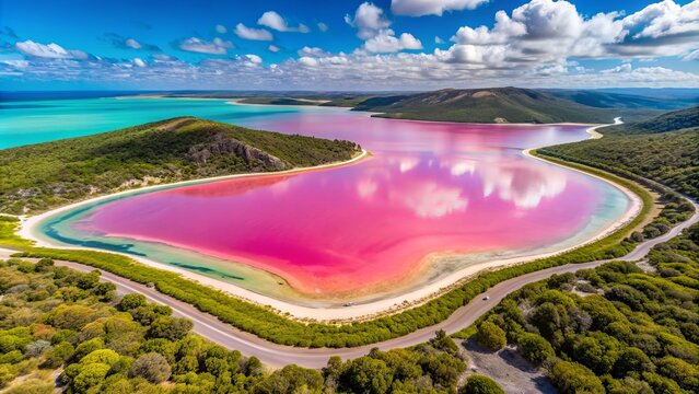 Vibrant pink waters of Lake Hillier, surrounded by lush greenery, dramatically contrast with the brilliant blue ocean, creating a breathtaking visual phenomenon.