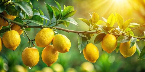Vibrant yellow lemons hang from a curved branch amidst lush green leaves, set against a soft, blurred background, evoking warmth and citrusy freshness.