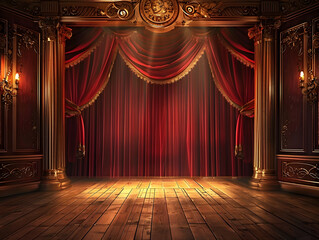 Elegant red velvet curtains frame a dimly lit empty stage with ornate golden fixtures and a hint of spotlight shining down on the wooden floorboards.
