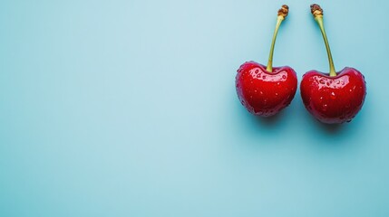 Two red cherries with water droplets on blue background.