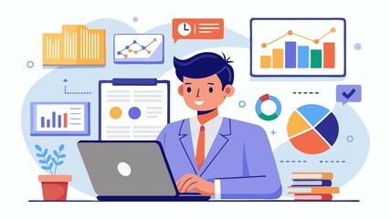 Fototapeta premium The essence of data storytelling. An analyst analyzes charts and metrics on a laptop screen, revealing the hidden narratives within business data that inform strategic decision-making in sales