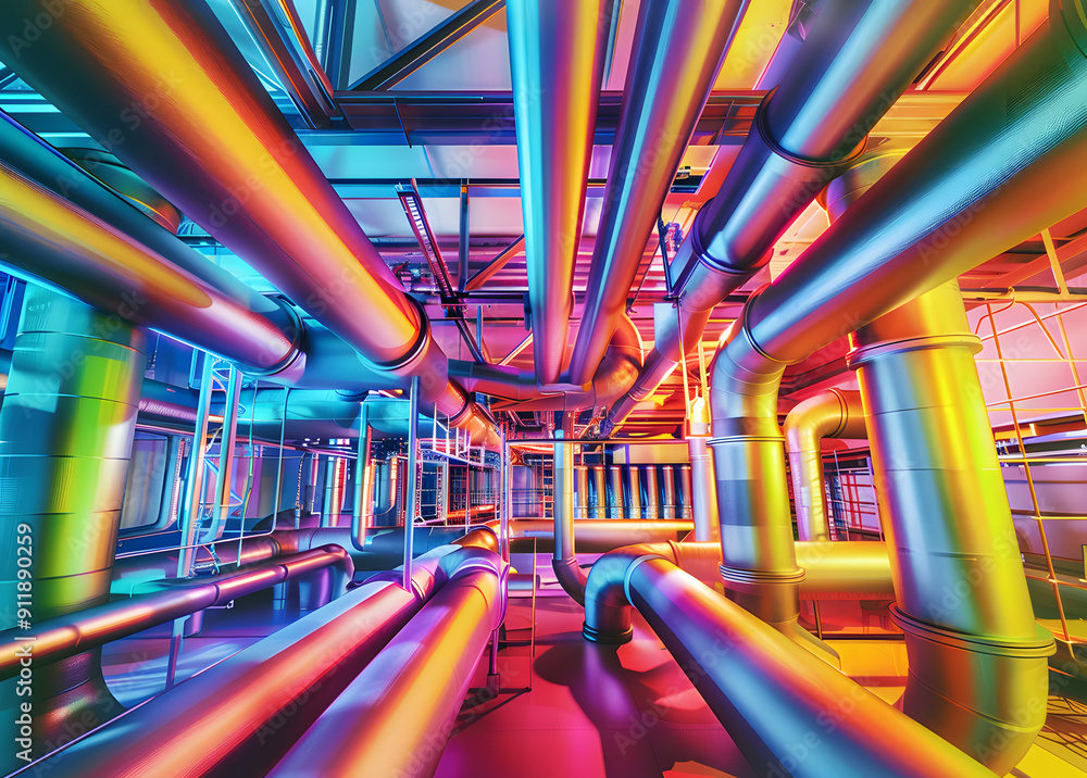 Poster colorful 3d visualization of a building's internal utility system, showcasing intricate networks of 