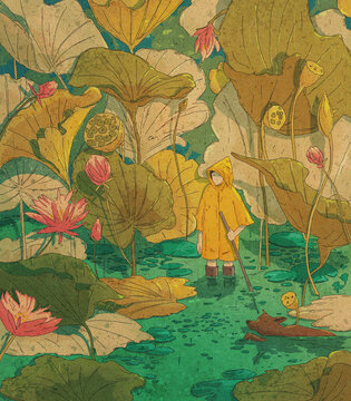 A person with a dog walking on the water under large leaves