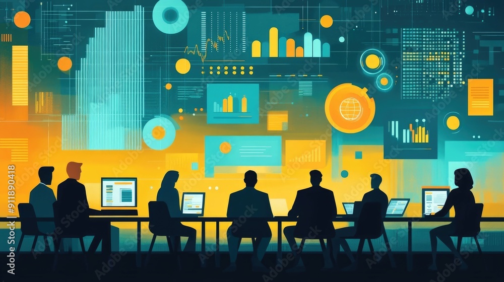 Aufkleber fintech conference industry networking flat design of office meeting with data analytics graphs and 
