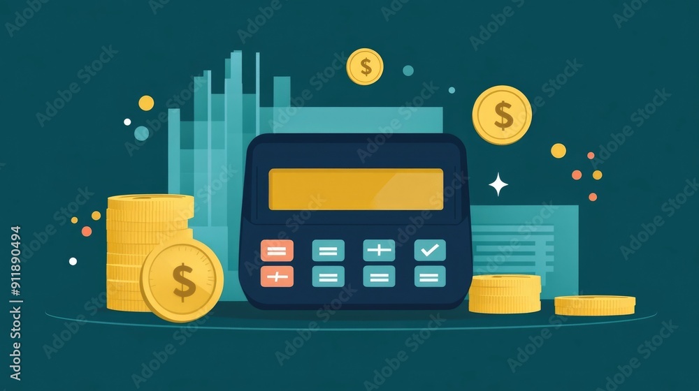 Poster of a smart savings account system with a calculator and various financial elements like coins dollar