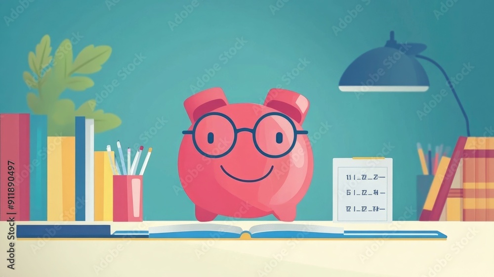Poster flat design of a smart piggy bank with interest calculation details on a desk with financial plannin