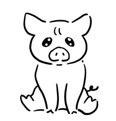 お座りをしているつぶらな瞳の子豚　正面　白黒