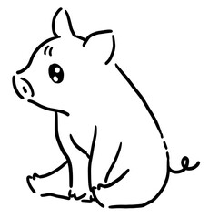 お座りをしているつぶらな瞳の子豚　白黒