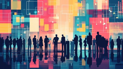 of a vibrant fintech conference networking event set against a futuristic cityscape with skyscrapers reflections and a colorful abstract background