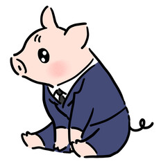 お座りをしているスーツ姿の子豚