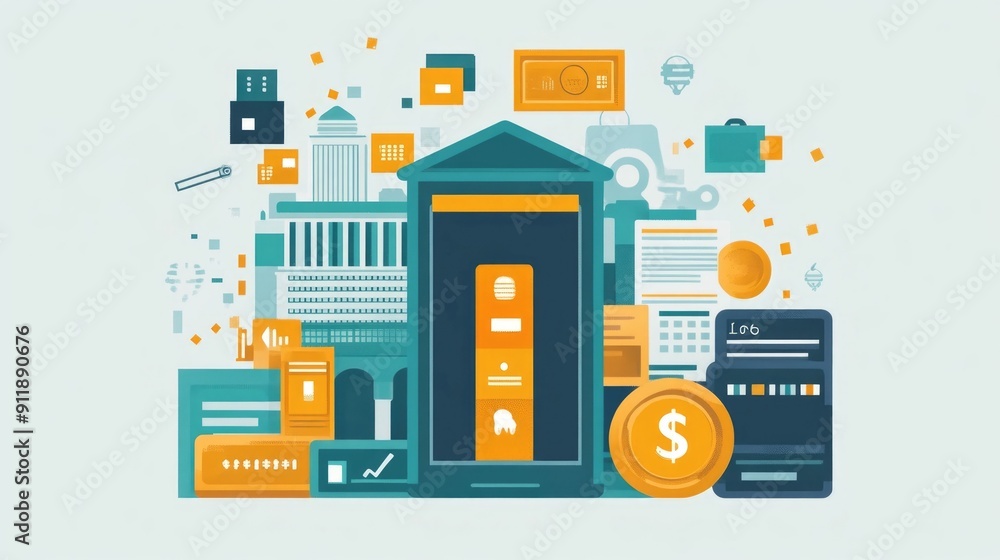 Poster of secure mobile banking and digital financial transactions with a modern flat design style includes