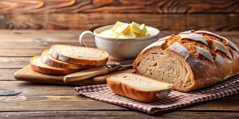 Close up of freshly baked bread and butter on a wooden table, food, breakfast, bakery, rustic, homemade, traditional, organic, slice